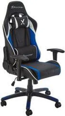 A black and blue gaming chair with a white pillow.