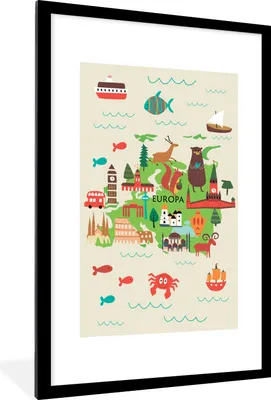 Produktbild von MuchoWow® MuchoWow® Gerahmtes Poster Weltkarte Kinder - Grün - Europa 60x90 cm - Poster mit zchwarzem Bilderrahmen - Dekoration - Wandposter Wohnzimmer - Hochwertig