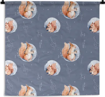 Produktbild von MuchoWow® Wandteppich Wandbehang Winter - Eichhörnchen - Blau 150x150 cm Tapisserie Dekoration Wandtuch - Wohnaccessoires - Modernes