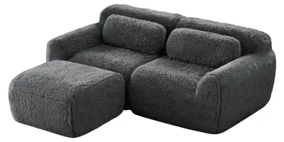 Zdjęcie produktu dla Narożna sofa modułowa dwuosobowa, obita szarym materiałem przypominającym plusz, z poduszkami, nie wymaga montażu