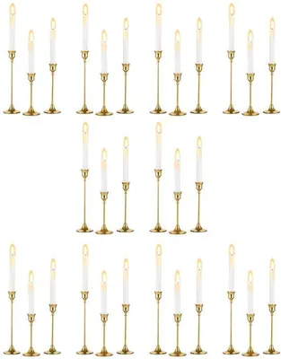 Imagen del producto de Ibenzoa®: Juego de 30 candelabros dorados de metal – soportes decorativos para velas de 15, 18,5 y 23,5 cm, para velas cónicas y velas cónicas con batería, con un diámetro de hasta 2,2 cm