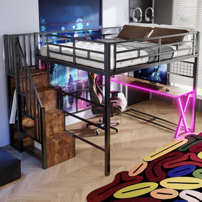 Immagine prodotto di Letto a castello okwish 160x200 con LED, scrivania e armadio, letto a castello con scala e ripiano, struttura in metallo nera, senza materasso