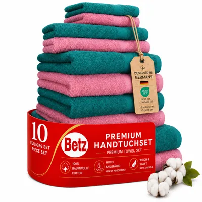 Immagine prodotto di Set di asciugamani PREMIUM CLASSIC da 10 pezzi Betz 2 asciugamani per la doccia 4 asciugamani per le mani 2 asciugamani per gli ospiti 2 panni per il sapone Colore: verde smeraldo e rosa antico, Immagine generata dall'IA