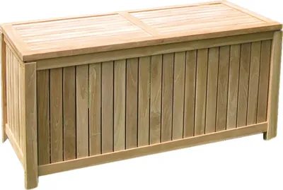 A wooden storage box with a slatted front and a hinged lid.