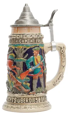 Bierstein 0,6 L Keramik mit Zinndeckel, Jagdmotiv, handbemalt