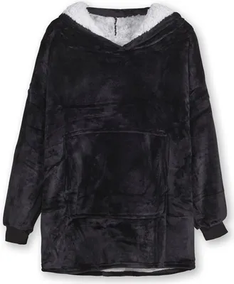 A black fleece hoodie with sleeves and a large front pocket, shown flat against a white background.
