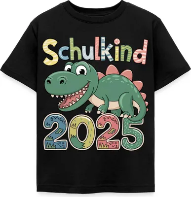 Produktbild von Spreadshirt Schulkind 2025 Erstklässler Dinosaurier Kinder T-Shirt, 110/116 (5-6 Jahre), Schwarz