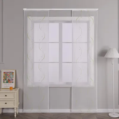 Produktbild von Joyswahl 2er Set Schiebegardinen mit Klettband Modern Flächenvorhänge mit Wellenperlenmuster Stickerei Voile Schiebevorhang BxH 57x145cm Transparent Grün Gardine 2 Stück