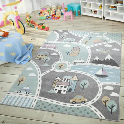 Produktbild von TT Home Kinder-Teppich, Spiel-Teppich Für Kinderzimmer, Mit Straßen-Motiv, In Grün Grau Größe 160x220 cm