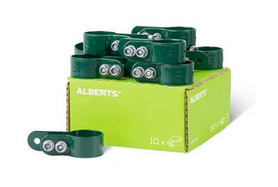 Produktbild von Alberts Schelle für Geflechtspannstäbe | verzinkt, grün kunststoffbeschichtet | Schellen-Ø 34 mm | 10er Set