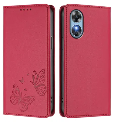 Image de Étui en cuir pour Oppo A17/Oppo A17K, motif papillon, étui à rabat avec porte-appareil, rouge