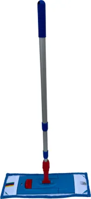 A mop with a blue microfiber head and a silver handle with blue grips.