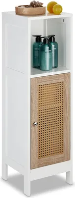 Obrázek produktu pro Koupelnová skříňka se 3 přihrádkami - VxŠxH 965 x 30 x 30 cm - úzký koupelnový nábytek s ratanovými dvířky - bílá/přírodní koupelnový nábytek vysoký