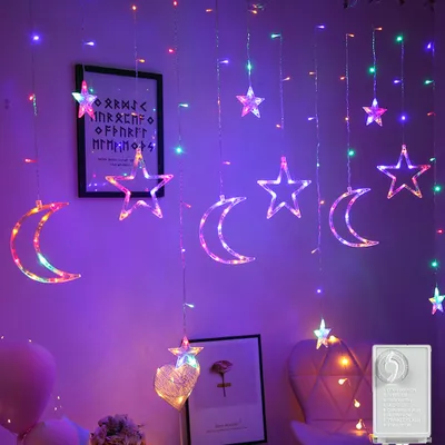 Obrázek produktu pro Vánoční světelná záclona hvězda měsíc pohádkové světlo záclona 3M 124LED 8modes náladová světla Vánoční světla pro okno Ramadán Eid Mubarak Dekorativní lampa