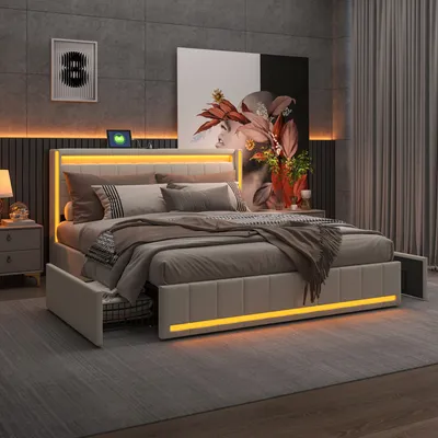 Produktbild von CDGlobal Polsterbett 140x200cm mit USB und Type-C, Jugendbett Doppelbett mit 4 Schubladen, Stauraumbett Massivholzbett mit LED und Lattenrost, Leinen