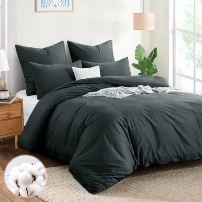 Produktbild von Bettwäsche-Set 220x240 cm Baumwolle Dunkelgrau 3-teilig mit 2 Kissenbezügen 80x80 cm mit Reißverschluss