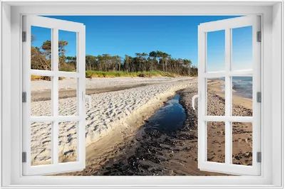 Produktbild von Wallario Wandbild mit Fenster-Illusion: Einsamer Strand am Meer - Blauer Himmel, Größe: 61 x 91,5 cm, Poster mit weißem Aluminiumrahmen