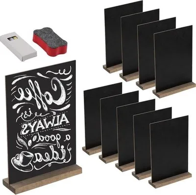 Produktbild von Abwischbare kleine Holztafeln – 10er-Set mit Ständer – Doppelseitige Kreidetafel für Hochzeiten und Geburtstage – Buffettafeln mit Kreide und Schwamm – Tischdekoration