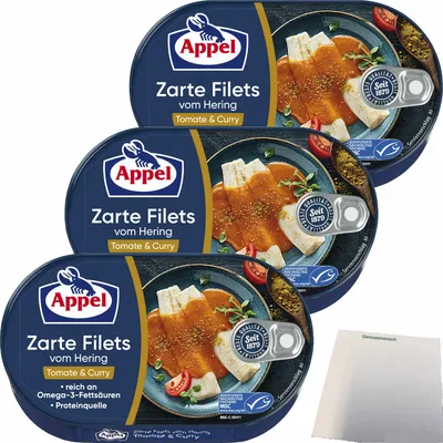Produktbild von Appel Zarte Filets vom Hering Tomate & Curry 3er Pack (3x200g Dose) + usy Block