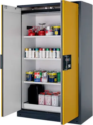 Produktbild von Transportabler Sicherheitsschrank Typ 90 - ca. 2 x 1,2 x 0,6 m (HxBxT) - 4 Fachböden, 1 Bodenauffangwanne, 1 Gitterrost - gelb - Edelstahl