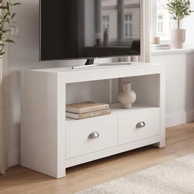 Obrázok produktu pre FineBuy Nízka TV skrinka 85x58 cm s dvoma zásuvkami a otvoreným priestorom TV skrinka vhodná do rohu  Úsporná TV skrinka TV komoda