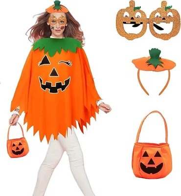 Zdjęcie produktu dla Kostium dyniowy na Halloween dla kobiet – strój, dodatki, peleryna, opaska na włosy, torebka