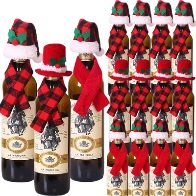 Produktbild von Weinflaschenhüllen Weihnachten - 30er Set - 15 Weihnachtsmannmützen und 15 Schals - Weihnachtsdeko für Weinflaschen - Tischdeko für Weihnachtsfeiern