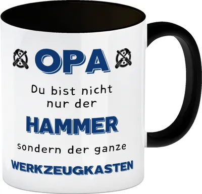 Produktbild von Opa Kaffeebecher in schwarz mit Spruch Du bist nicht nur der Hammer