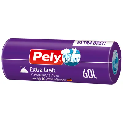 A roll of purple garbage bags with branding and product information.