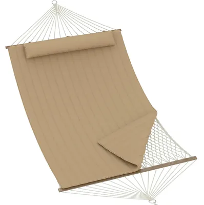 Zdjęcie produktu dla Hamak dwuosobowy - Hamak z drewnianą podporą - Dla dwóch osób - Z poduszkami - Do użytku na zewnątrz - Wymiary: 3,5 x 2 m - Maksymalne obciążenie: 204 kg - Wzór: jasnoszary w paski