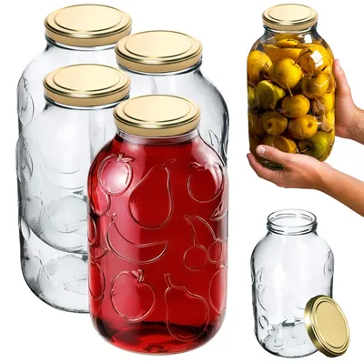 Obrázok produktu pre KADAX Sklenené nádoby na chlieb, 5 litrov, vhodné na konzervovanie, sklenené nádoby s uzávermi, nádoby na zaváranie, nádoby na džem, nádoby na skladovanie, konzervovacie nádoby, okrúhle sklenené nádoby (zlatá farba, 4 kusy)