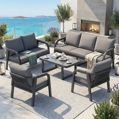 Immagine prodotto di Set da giardino Abrihome, 5 pezzi, divano da giardino con cuscini e tavolini, mobili da balcone in corda, grigio