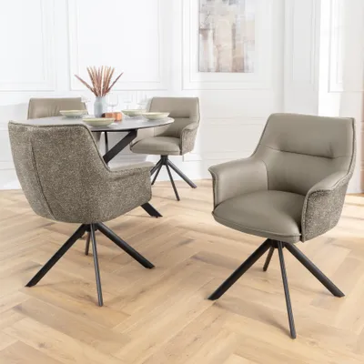 Produktbild von riess-ambiente Drehbarer Stuhl LE GRAND taupe Echtleder Strukturstoff schwarzes Metallgestell Esszimmerstuhl Essstuhl Polsterstuhl