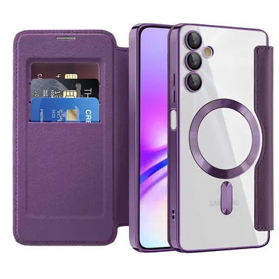 Obrázek produktu pro Pouzdro pro Samsung Galaxy A05S kompatibilní s MagSafe, průhledné pouzdro s držákem karet, kožené pouzdro s ochranou kamery Fialová
