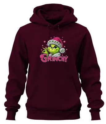 Produktbild von Grinch Bling Glitzer Strass Pink Grün Weihnachten Hoodie Kapuzenpullover, Burgundy, L