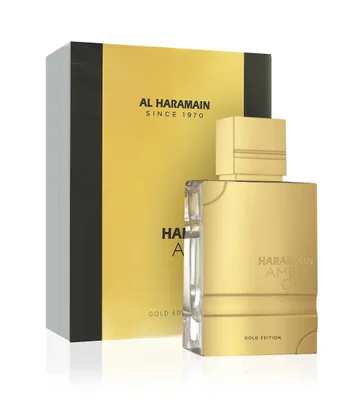 A perfume bottle and its packaging are displayed against a white background.