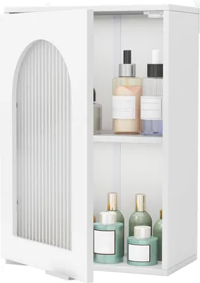A white bathroom cabinet with its door open, displaying various bottles and containers inside.