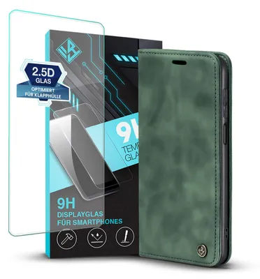 Produktbild von Handy Hülle für Xiaomi Redmi Note 9 Pro mit 9H Displayglas Klapphülle Bookcase Flip Cover Handy Tasche Etui Farbe: Grün