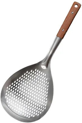 Zdjęcie produktu dla Łyżka cedzakowa ze stali nierdzewnej - 38,7 cm - z drewnianym uchwytem - do odcedzania, gotowania i smażenia