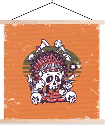 Produktbild von MuchoWow® Textilposter Schädel - Indianerkopf - Retro 60x60 cm mit holzfarbenen Rahmen - Wanddekoration