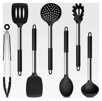 Produktbild von Küchenhelfer Set, 7-teiliges Silikon Küchenutensilien Set mit Edelstahlgriff, Antihaftbeschichtet und Hitzebeständig