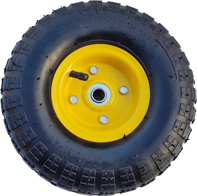 A close-up view of a wheel with a yellow rim and black tire.
