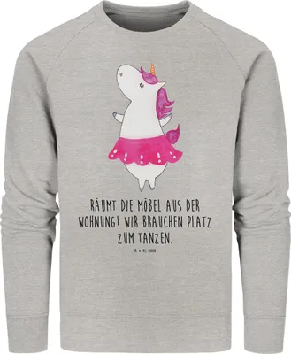 Produktbild von Mr. & Mrs. Panda Baumwoll Sweatshirt Einhorn Ballerina Größe S - Heather Grey - Geschenk, Pullover, Pulli, Bio, Unicorn, Einhörner, Tanzen, Sweater, Feiern, Party