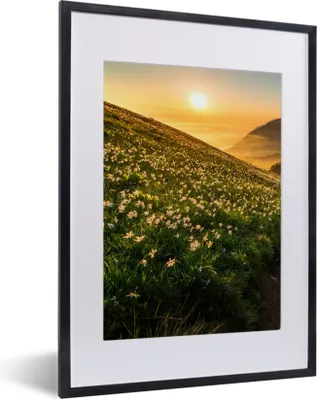Produktbild von MuchoWow® Gerahmtes Poster Blumen - Sonne - Berge 30x40 cm - Poster mit Schwarzem Bilderrahmen Wandposter Rahmen Foto Bilder - Wandposter Schlafzimmer