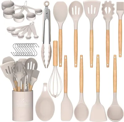 Obrázek produktu pro Sada kuchyňského náčiní, nepřilnavý povrch, silikon, kuchyňské náčiní, sada obraceček s držákem, dřevěná rukojeť, žáruvzdorný silikon, khaki barva