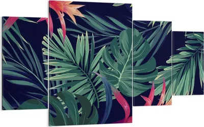Produktbild von Bild auf Leinwand - Leinwandbild - 4 Teile - Exotisch Blumen Blätter - 160x90cm - Wand Bild - Wanddeko - Wandbilder - Leinwanddruck - Bilder - Wanddekoration - Leinwand bilder - DL160x90-4308