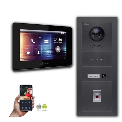 Produktbild von Goliath IP Video Türsprechanlage 7-Zoll 1-Monitor Fingerprint Anzeige Anthrazit : Aufputzdose : 7 Zoll in Schwarz : 4er POE (Standard)