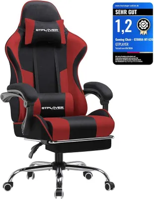 Obrázek produktu pro Herní židle s látkovým potahem, kancelářská židle, masážní křeslo, ergonomická herní židle s podnožkou, polstrované herní křeslo, otočná židle, nosnost 150 kg, červená