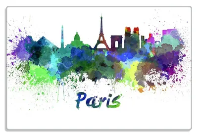 Produktbild von Wallario Frühstücksbrettchen aus Glas 20 x 30 cm mit rutschfesten Füßen, Motiv Städte als Aquarell - Skyline von Paris