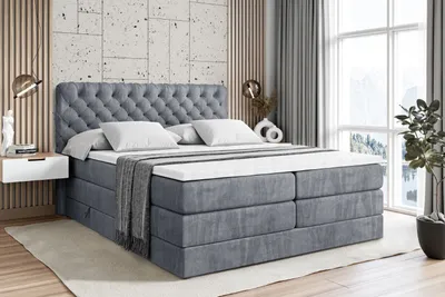 Produktbild von ALTDECOR Boxspringbett mit 2 Matratzen und Topper - 140x200 cm - BOXI8 KING - Grau Samt - Polsterbett mit, H3- und H4- Matratzen, Bettkasten und Lattenrost, Bett mit Stauraum